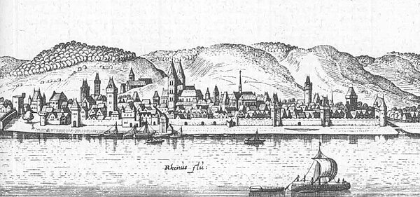 Stich der Uferkulisse der Stadt Boppard und dem Fluss Rhein, dahinter Steilhänge (Ausschnitt aus der "Topographiae Hassiae" von Matthäus Merian, 1655).